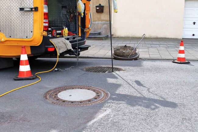 shutterstock_1293019783 orangefarbenes Baustellenfahrzeug vor offenem Kanaldeckel