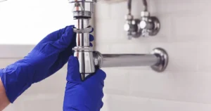 Mensch mit zwei Hände mit blauen Handschuhen demontieren Siphon um Abfluss zu reinigen