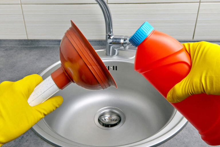 Hands,In,Yellow,Rubber,Gloves,Hold,A,Plunger,And,A Hausmittel für die Rohrreinigung