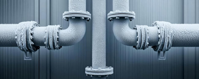 Frostige isolierte Rohre in einem Industriebetrieb, Kühlluft sichtbar, Frostdetails auf Metalloberflächen, Hervorhebung von Kühllagern und modernen Kühlsystemen, effizienter Frostschutz