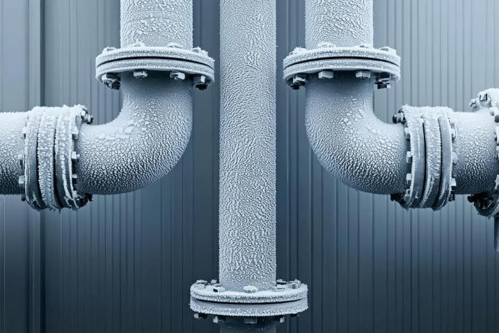 Frostige isolierte Rohre in einer Industrieanlage, kühlende Luft sichtbar Frostige isolierte Rohre in einem Industriebetrieb, Kühlluft sichtbar, Frostdetails auf Metalloberflächen, Hervorhebung von Kühllagern und modernen Kühlsystemen, effizienter Frostschutz